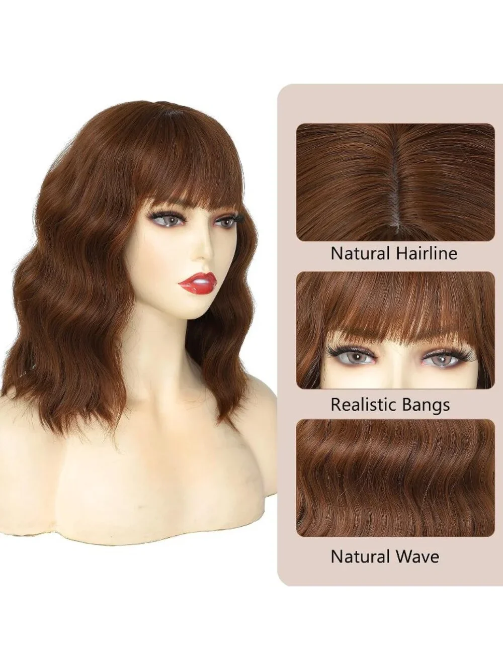 Women's Auburn Brown 14 Inch Heat Resistant Short Wavy Hair Pastel Bob Wig Bangs